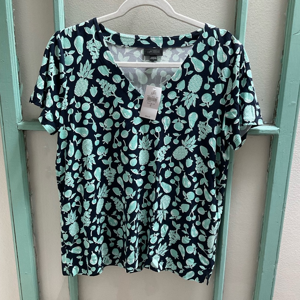 J.Jill Wearever Sz S Blue Pineapple Print V-Neck Top Soft Stretch